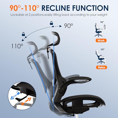 GABRYLLY Ergonomic Mesh Office Chair, Adjustable Home Desk Chair with Folding Armrest, 2D Headrest, Soft Seat and PU Wheel, Black Swivel Task Chair for Office, Business, Student (GY1108)