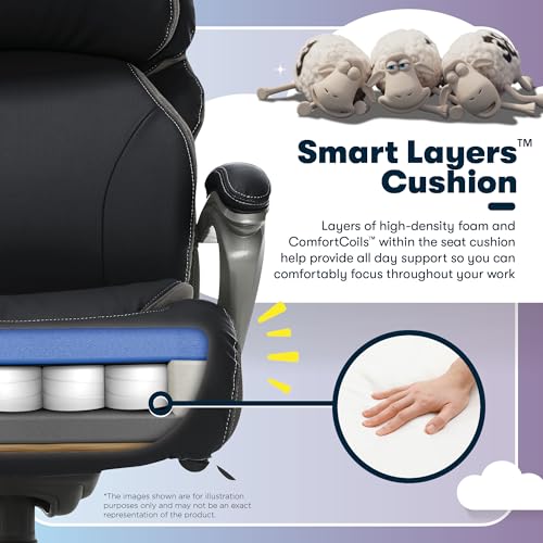 Serta Jackson Big and Tall Executive Home Office Chair with Smart Layers Technology, Wide Seat Cushion, Modern Comfy DeskChairs with Rolling Swivel Wheels, Bonded Leather, Black