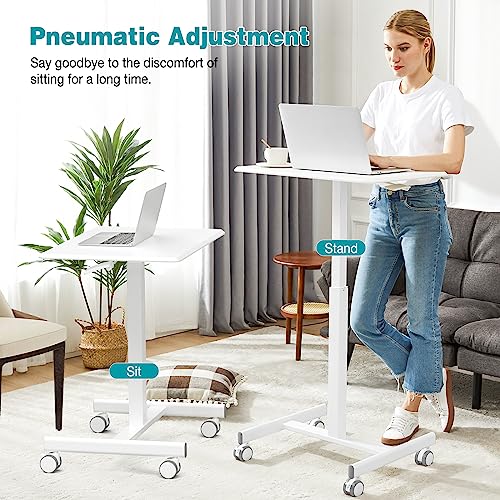 DUMOS Mobile Small Standing Desk, Portable Rolling Laptop Desk with 2 Lockable Wheels, Adjustable Height Computer Workstation for Home Office, 19 Inch White