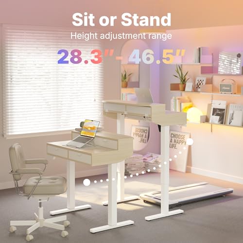 HUANUO 32 X 20 inch Electric Standing Desk with 4 Drawers, Adjustable Height Sit Stand Home Office Desk, C-Clamp Mount Compatible, Ergonomic Stand up Desk with 4 Preset Heights, Natural