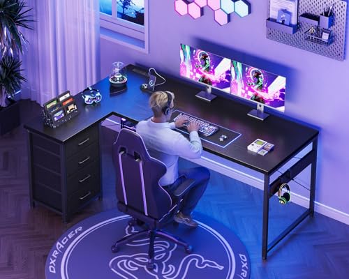 AODK L Shaped Gaming Desk with 4 Drawers, 61" Reversible Home Office Desks with Power Outlets, L Shaped Computer Desk with USB Charging Port and Host Stand, Corner Desk, Easy to Assemble, Black
