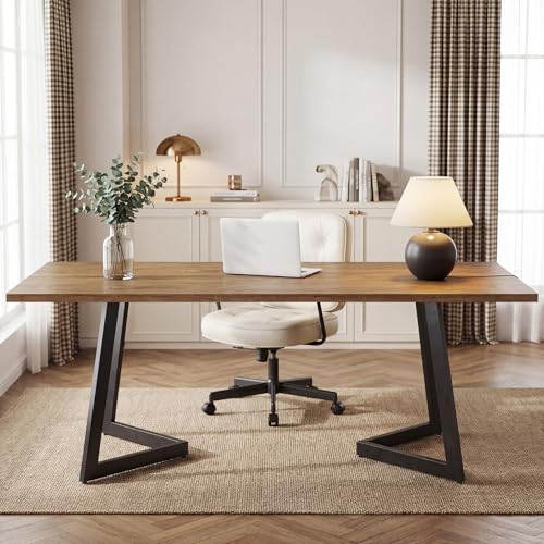 Tribesigns 62.2-Inch Industrial Executive Desk, Simple Modern Home Office Computer Desk with Sturdy Metal V-Shaped Legs, Large Study Writing Table Business Workstation, Easy Assembly (Brown+Black)