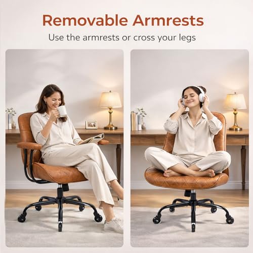 BEWISHOME Brown Leather Office Chair – Features Rubber Wheels