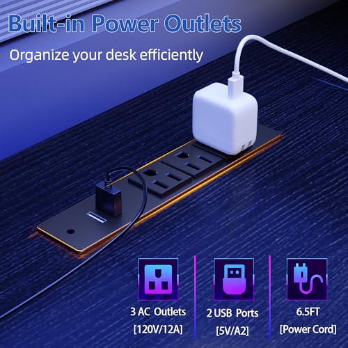 Furologee 61" Gaming Desk with Power Outlets & LED Lights, Reversible Computer Desk with File Cabinet & Monitor Stand for Home Office, Large Work Table with Storage Shelves & Drawer, Black