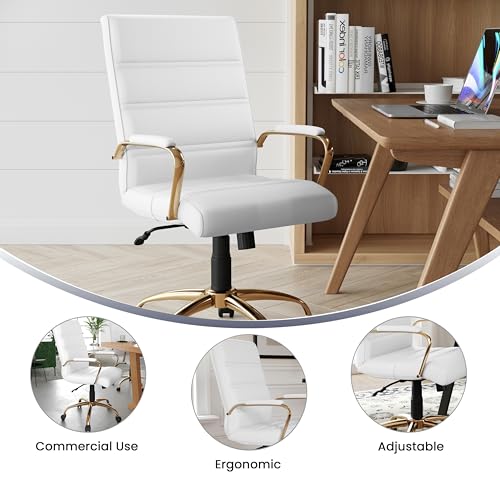 Flash Furniture Whitney Mid-Back Swivel LeatherSoft Desk Chair with Padded Seat and Armrests, Adjustable Height Padded Office Chair, White/Gold