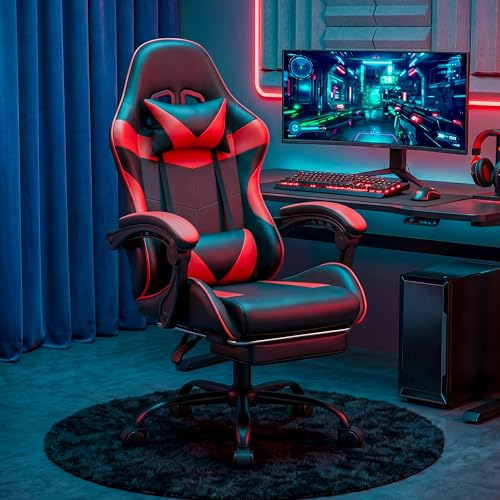 Ray Bear Gaming Chair, Ergonomic Computer Chair with Footrest and Lumbar Support, Height Adjustable Office Chair with 360° Swivel Seat and Headrest (Red & Black)