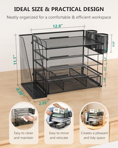 WALI Desk File Organizer, 5 Tier Desktop Paper Letter Tray Organizer with Drawer and 2 Pen Holders, Office Desk Accessories & Workspace Organizers for Office, Home Supplies(DO006DH-B), 1 Pack, Black