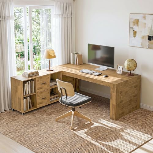 Tribesigns 63" Executive Desk with File Cabinet, L-Shaped Office Desk with Drawers and Storage Shelves, Business Combo Furniture, Computer Desk Set for Home Office, Brown