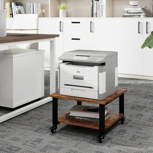 Natwind 2 Tier Laser Printer Stand,19.7''x19.7''x12.6'' Large Printer Table Copier Stand Under Desk,Heavy Duty Rolling Cart with Paper Storage Shelf,Printer Holder on Wheels for Home Office (Retro)