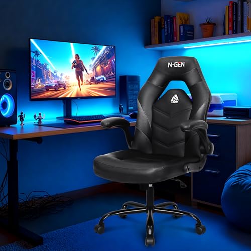 N-GEN Video Gaming Chair Ergonomic Computer Desk Office Chair with Lumbar Support Adjustable Height Swivel Wheels Flip-Up Arms PU Leather Home and Office (Black)
