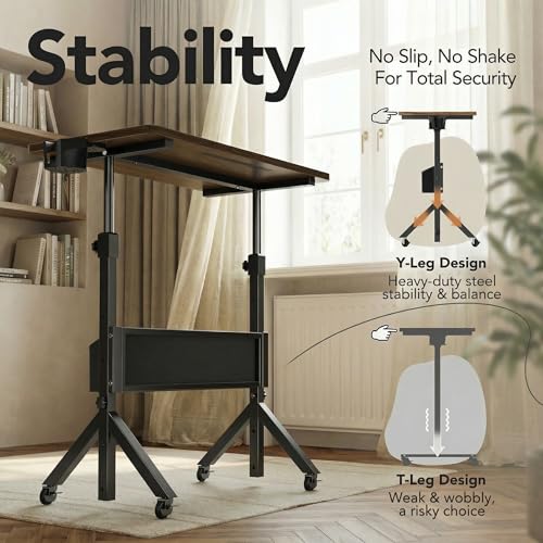 HUANUO Mobile Standing Desk with Wheels and Storage Basket, Height Adjustable 28.7"-46.1" Rolling Desk for Walking Pad, Small Space Laptop Computer Workstation for Home Office