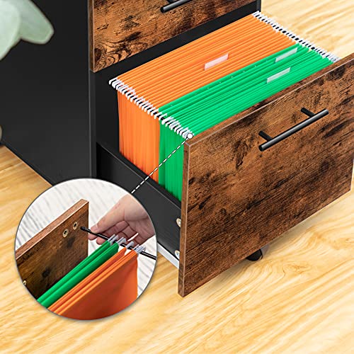 HOOBRO 3-Drawer File Cabinet, Wooden Under Desk Filing Cabinet, fits A4/Letter Size for Home Office, Small Rolling Storage Drawer Chest, Printer Stand with Drawers, Rustic Brown and Black BF02WJ01G1