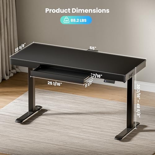 EUREKA ERGONOMIC Frosted Glass Gaming Standing Desk with Drawers, 55 Inch Electric Standing Desk Adjustable Height, Sit Stand with Power Outlet & USB, Home Office Work, Black
