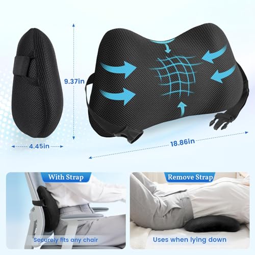ComfyInLove Lumbar Support Pillow for Office Chair, Memory Foam Lower Back Support, Ergonomic Lumbar Pillow with Adjustable Strap, Breathable Cover (Black)