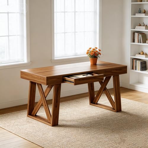 Tribesigns 55 Inch Walnut Computer Desk with Drawer, Mid-Century Farmhouse Executive Desk, Rustic Wide Desktop Home Office Desk for Workstation