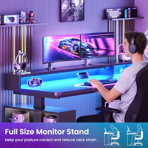 SEDETA L Shaped Gaming Standing Desk, 63 inch Height Adjustable Office Executive Desk with Storage Shelves and Monitor Stand, Computer Gaming Desk with Power Outlet, LED Lights for Home Office, Black