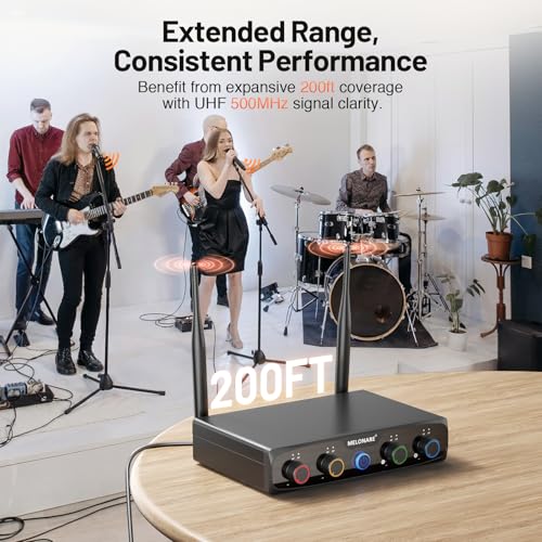 MELONARE 4-Channel Wireless Microphone System, UHF Compact Cordless Mic Set w/ 4x10 Frequencies, 200ft Range, Dynamic Handheld Microphone for Singing, Karaoke, Church, DJ, Wedding (MWM-41-4H)