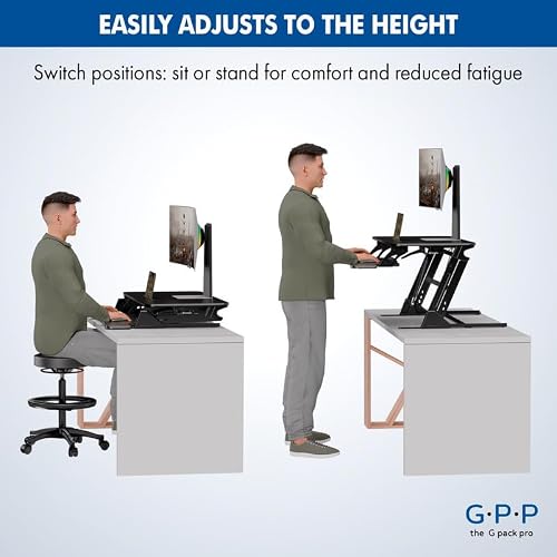 G-PACK PRO 38″ Wide Standing Desk Converter – Sit-to-Stand Workstation for Dual Monitors, Height Adjustable Up to 17.3″ with Large Keyboard Tray – Black