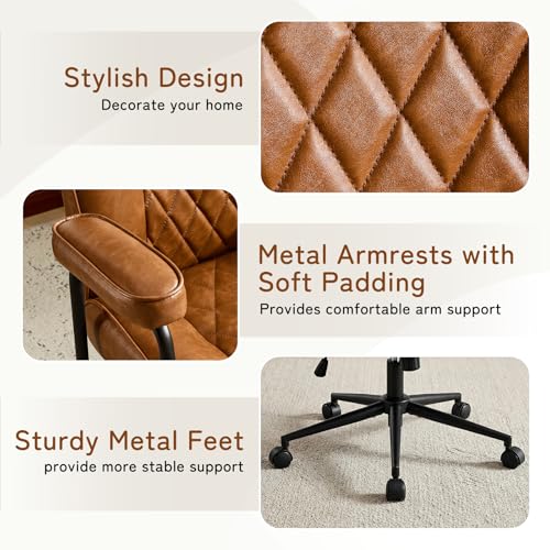 Furniliving Leather Office Chair, Comfy Home Office Desk Chair, Mid Century Modern Office Chair with Lumbar Support, Mid-Back Adjustable Swivel Computer Chair with Wheels and Arms, Brown