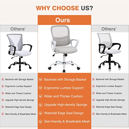 Sweetcrispy Ergonomic Mid-Back Mesh Home Office Desk Chair with Wheels, Managerial Executive Chair with Lumbar Support, and Comfortable Armrests for Home, Bedroom, Study, Office, Grey