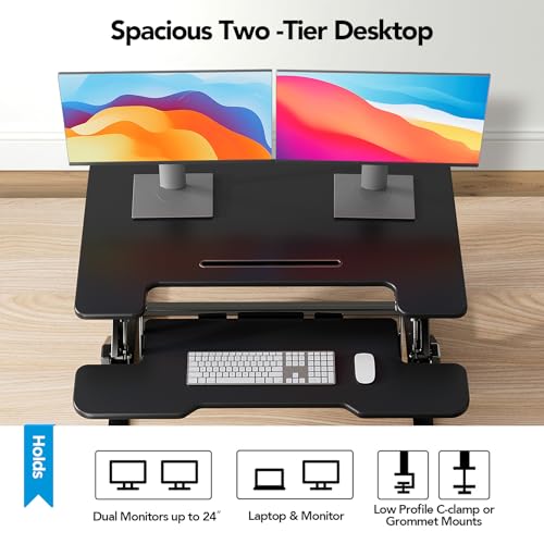 HUANUO 36" Z Shaped Stable Standing Desk Converter, Height Adjustable Sit Stand Up Desk Riser, Dual Monitor and Laptop Workstation with Wide Keyboard Tray, Desk Lifter for Home Office,Black