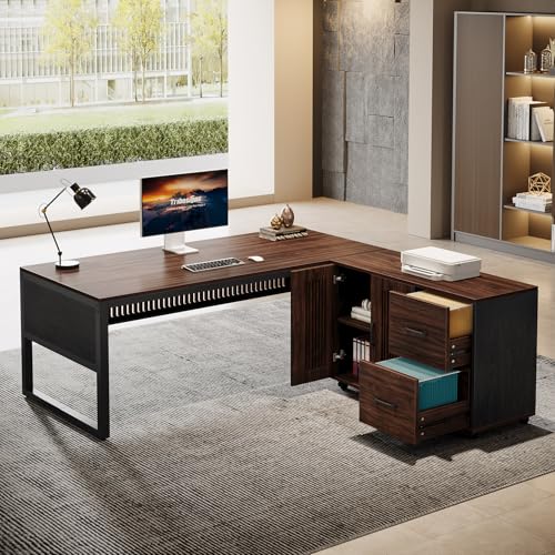 Tribesigns 63-Inch L-Shaped Executive Desk with Mobile File Cabinet, Large Office Computer Desk, Business Furniture Table with Drawers and Storage Shelves for Home Office, Dark Walnut & Black