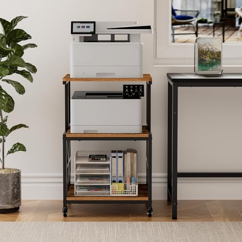 GreenForest Printer Stand with Lockable Wheels, Heavy Duty Printer Table with 3-Tier Storage Shelf for Home Office, Mobile Printer Cart for Small Spaces, 19.7"x17.7", Walnut