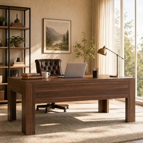 Tribesigns 63 in. Long Office Desk with Spacious Tabletop,Wooden Computer Desk with Sturdy Legs and Front Baffle,Modern Workstation for Home Office,Walnut