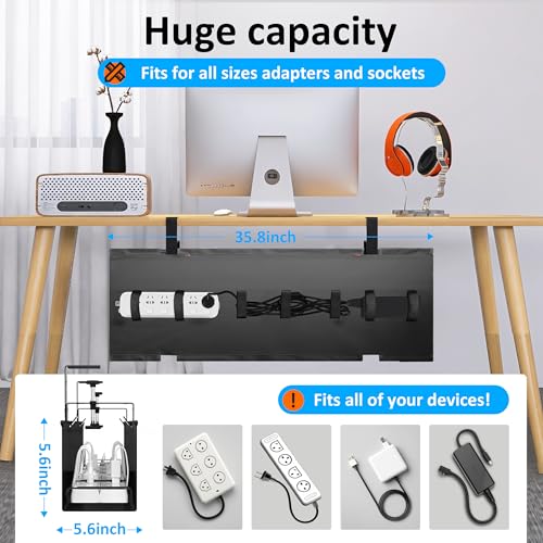 Cotohim Under Desk Cable Management Tray - Under Desk Cord Management - Clamp/Screw Mount - Fabric Wire Management - Cable Raceways Tray Cord Hiders for Office/Home (Black, 35.8"×5.6")