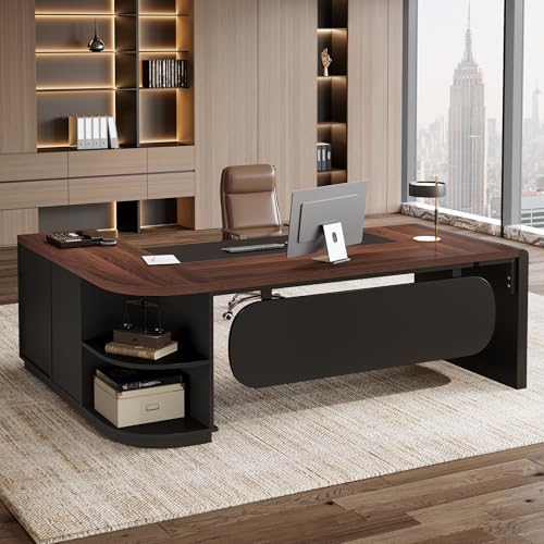 Tribesigns 81'' L-Shaped Executive Desk, Large Modern Office Desk with Drawers and File Cabinet for Home or Business Workspace, Computer Desk with Storage Shelves, Walnut & Black