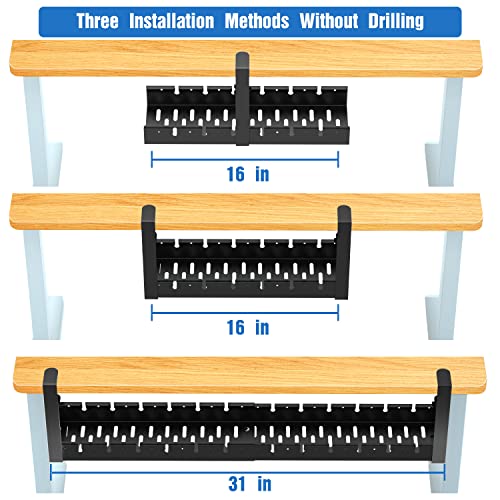 No Drilling Extendable Under Desk Cable Management, Metal Cable Management Tray Under Desk with Clamp, Retractable Power Strip Cord Holder for Wire Management 31Inch(1 Pack Black Extendable 31')