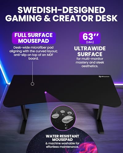 Arozzi Arena Large Gamer Desk - 63x32” Adjustable Height PC Gaming Desk With Storage For Cables & Triple-Monitor Support - Full-Surface Washable Mousepad - Pure Black