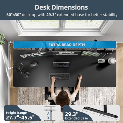 Electric Standing Desk Adjustable - 60 x 30 Inch Sit Stand Desk with Flip-Top Cable Management,Mouse Pad,Clamp Power Strip,Dual-Beam Frame,3 Memory Preset Height Adjustable for Home Office