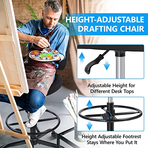 Primy Tall Drafting Desk Chair - Armless, Adjustable Height, Mesh Back, Rolling, Standing Desk Chair for Art Room, Office or Home (Black)