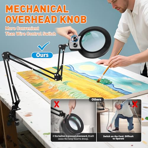 KIRKAS 12X Magnifying Glass with Light and Stand, Extra-Long Arm Magnifying Lamp Overhead Knob for Workbench Craft, Sewing, LED Lighted Magnifier Real Glass Lens Stepless Dimming and Color(35in Clamp)