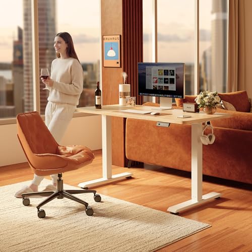 FEZIBO Standing Desk, 48 × 24 Inches Electric Height Adjustable, Sit and Stand Up, Computer Office Desk with Splice Board, White Frame/Maple TOP