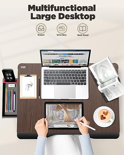 Laptop Desk for Bed, SAIJI XX-Large Foldable Bed Tray Table for Eating Breakfast, Writing, Working, Gaming, Drawing with Storage Drawer, Handrest Bookstand, Tablet Stand, Phone Stand(Black Cherry)