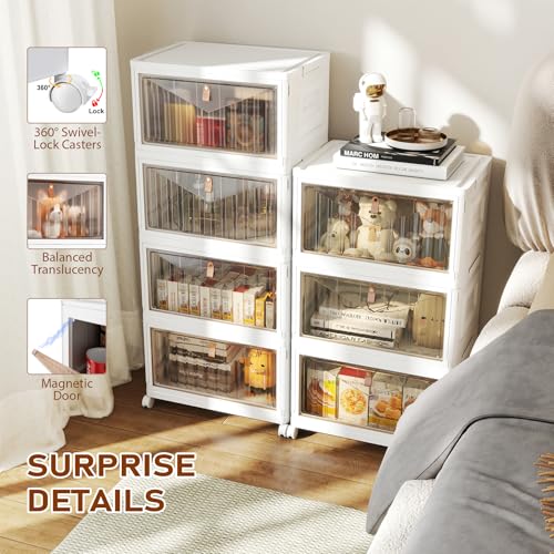 4 Tier Storage Bins with Lids, 23QT Stackable Closet Organizers and Storage with Wheels, Collapsible Storage Boxes, Foldable Plastic Storage Containers for Home,Office, Dorm Room-White