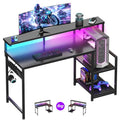 AODK 48 Inch Gaming Desk with LED Lights, Computer Desk with Storage Shelves, Reversible Desk with Monitor Stand, Carbon Fiber Black