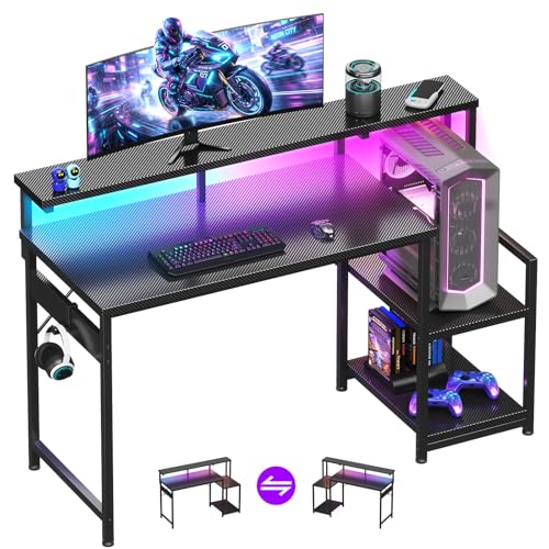 AODK 48 Inch Gaming Desk with LED Lights, Computer Desk with Storage Shelves, Reversible Desk with Monitor Stand, Carbon Fiber Black