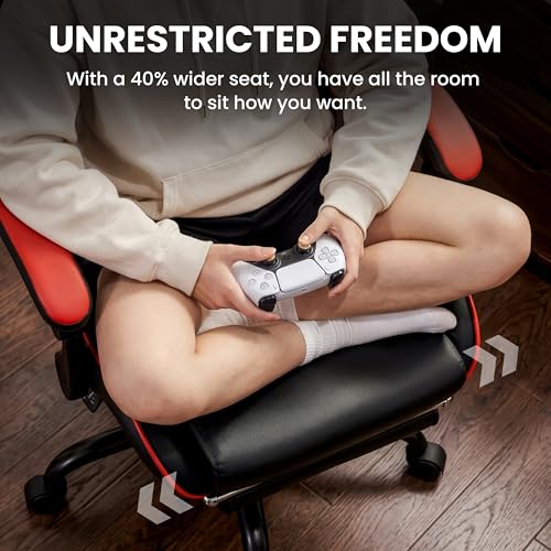 Ray Bear Gaming Chair, Ergonomic Computer Chair with Footrest and Lumbar Support, Height Adjustable Office Chair with 360° Swivel Seat and Headrest (Red & Black)
