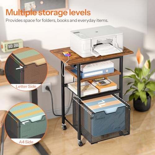 HOOBRO Printer Stand, Printer Table with Charging Station, Printer Cart with Hanging File Folder Organizer, Rolling File Cabinet Cart, Shelf for Home Office, Rustic Brown and Black BF17UPS01