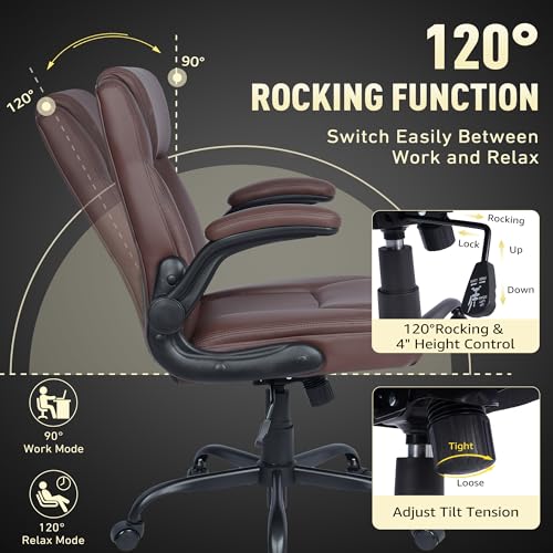 EGSEAT Home Office Chair with Lumbar Support, 5" Thickened Seat, Small PU Leather Rocking Desk Chair, Comfy Computer Chairs with Rolling Wheels & Adjustable Armrests for Adults, Brown