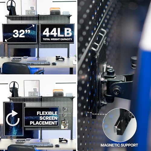 VIVO Steel Triple Clamp 47 x 31 inch Desk Pegboard System with 2 Monitor Mounts and Storage Shelf, Fits up to 32 inch Screens, Office Accessory Organizer, Black, PP-DK48SB