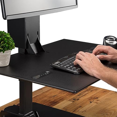 UPLIFT DESK - E7 Electric Standing Desk Converter, Black Base, Bamboo Worksurface (Single Monitor)