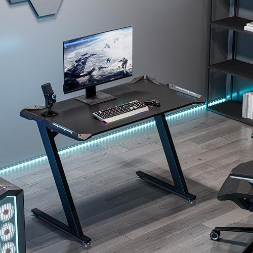 EUREKA ERGONOMIC Gaming Desk with LED Lights Home Office RGB Table, Small Gaming Desk, Computer Table, Black