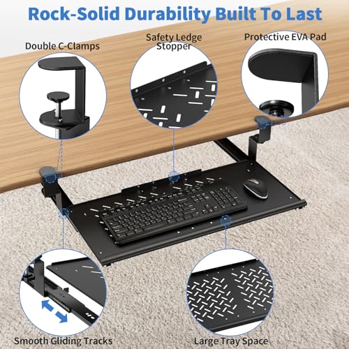Strifuture Keyboard Tray Under Desk - Full Metal Slide Out Holder, Rust-Resistant & Scratch-Proof, 26x13" Tray, Double C-Clamps for L Shape/Regular Desks, Standing/Sitting Workstation(Black-A)