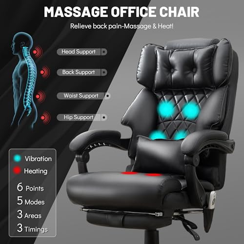 Massage Office Chair with Foot Rest,6 Points Vibration&Heat Executive Office Chairs,Big and Tall Leather Office Chair 500LBS,Ergonomic Desk Chair for Heavy People,Home and Office Computer Chair,Black