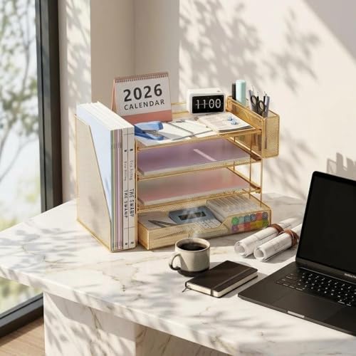 OPNICE Desk Organizers and Accessories, 4-Tier Office Desk Accessories & Workspace Organizers with Drawer and Pen Holder, Desktop Paper Tray File Organizer for Home Office Supplies, Gold