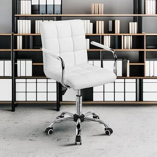 Yaheetech White Office Chair with Wheels and Armrests, Modern PU Leather Desk Chair, Mid-Back Adjustable Executive Chair, 360° Swivel